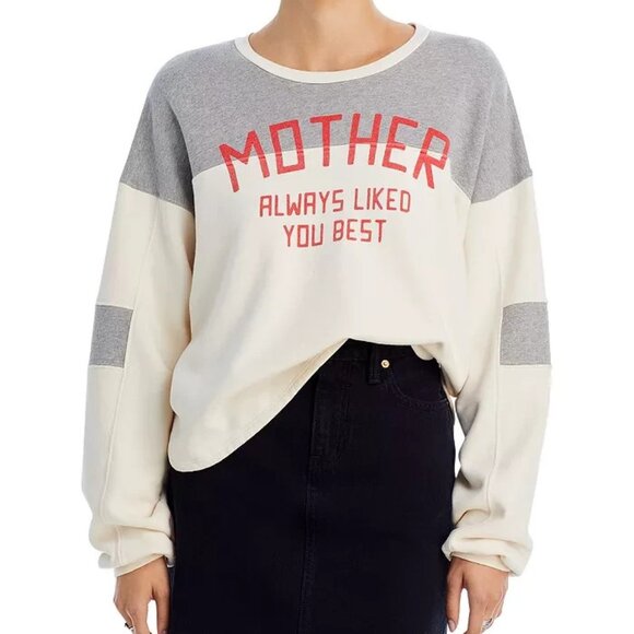 MOTHER The Champ Cotton Pullover Sweatshirt Women Size L Cream/Gray - Picture 1 of 16